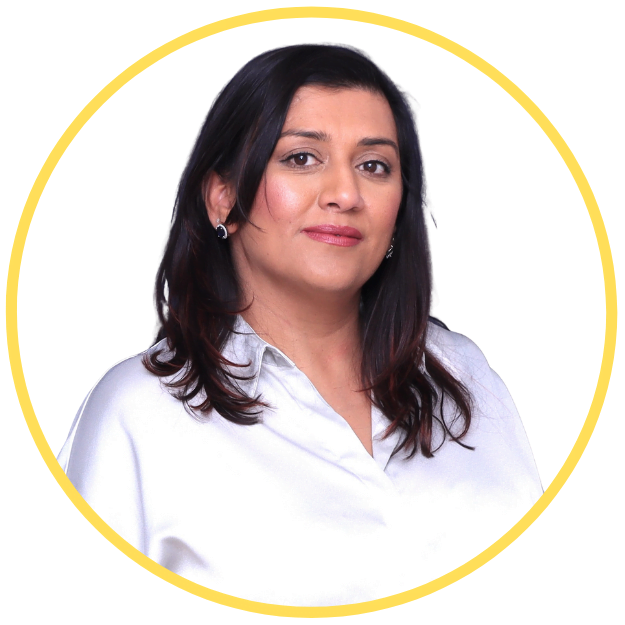 About 8 A woman with dark hair is wearing a white blouse, posing against a white background within a yellow circular border.