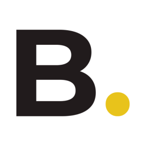 A black, capital letter "B" followed by a yellow dot on a white background.