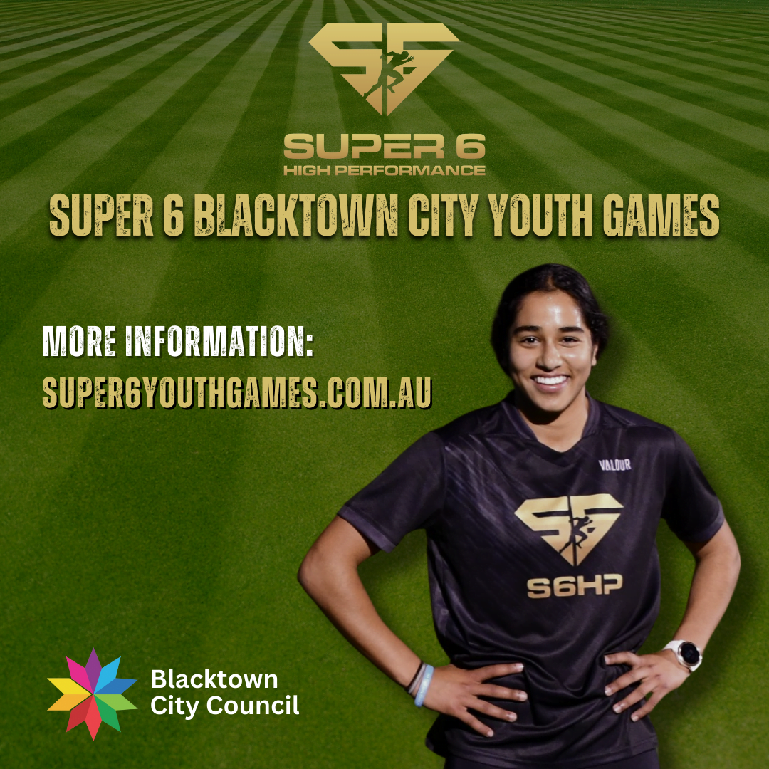 A young woman in a sports uniform stands on a soccer field, promoting the Super 6 Youth Games at Blacktown City. A logo and website for more information are displayed, with the Blacktown City Council logo in the corner.