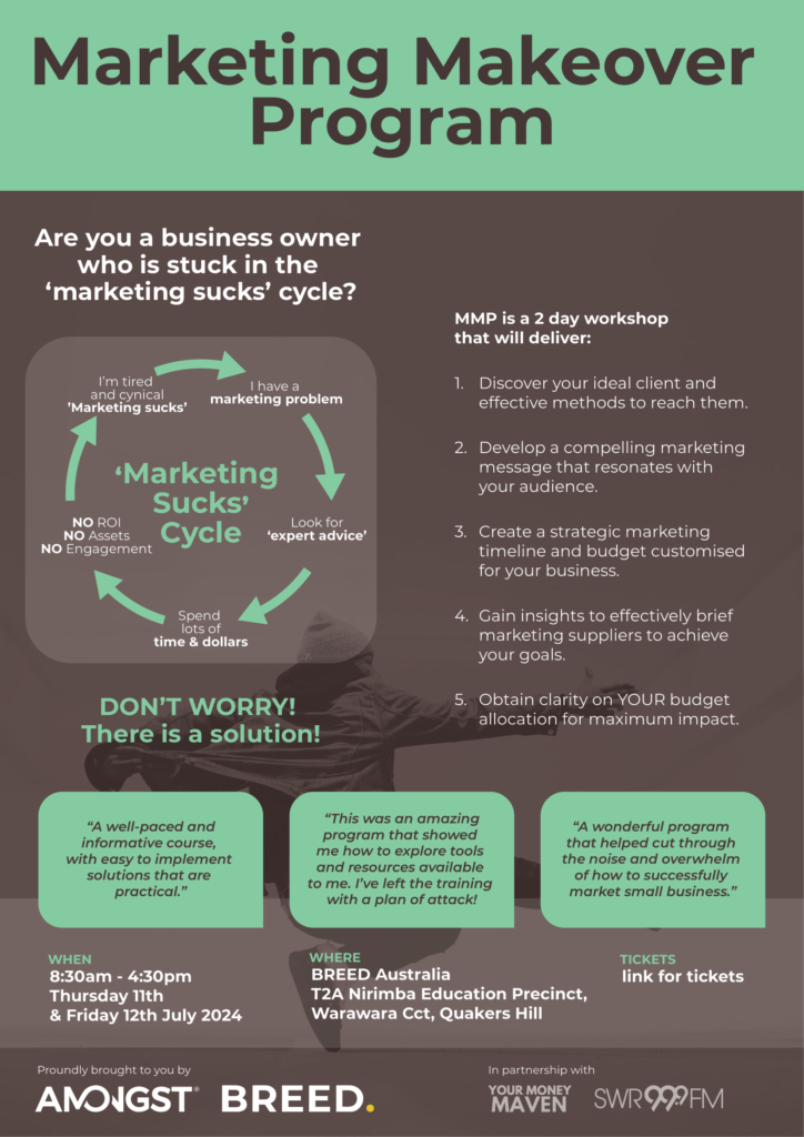 Flyer for the Marketing Makeover Program, detailing a two-day workshop aimed at helping businesses improve marketing efforts. Includes event dates, location, agenda, and information on ticket purchase. Don't miss out on this opportunity to transform your marketing strategy!