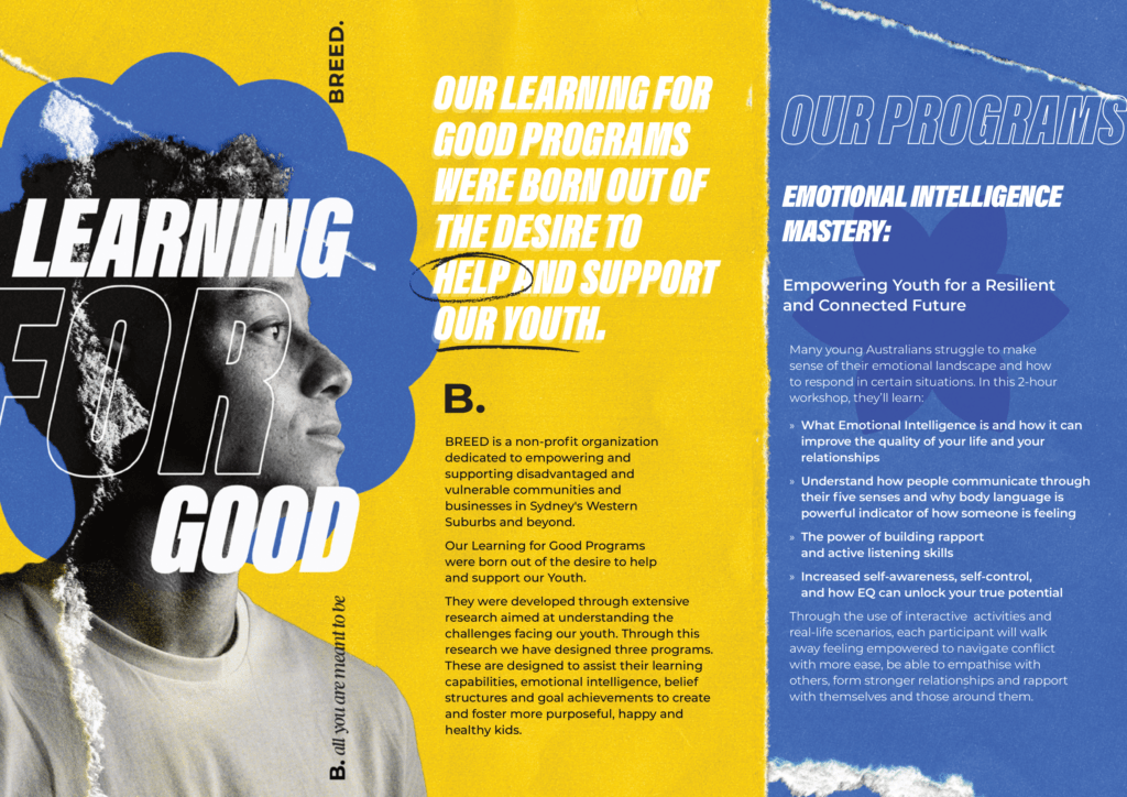 A trifold brochure titled "Learning for Good" detailing BREED's programs, particularly Emotional Intelligence Mastery. The brochure emphasizes youth empowerment and supporting community resilience.