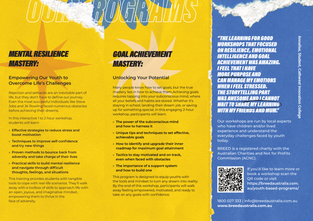 A brochure with text on Mental Resilience Mastery and Goal Achievement Mastery programs. Includes contact information, a QR code, and a testimonial. Design features yellow and blue color blocks.