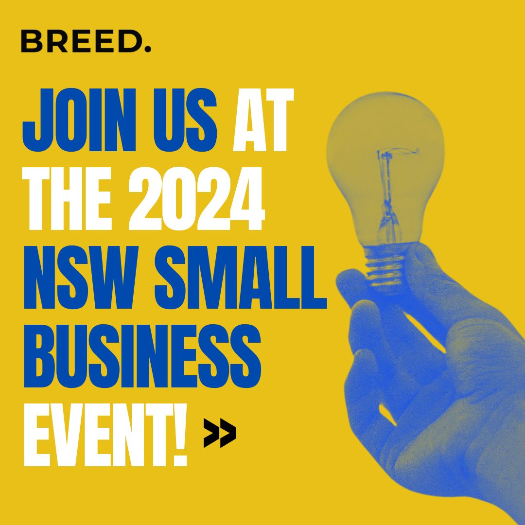 Colorful event flyer with text: "Join us at the 2024 NSW Small Business Event!" featuring a hand holding a light bulb.