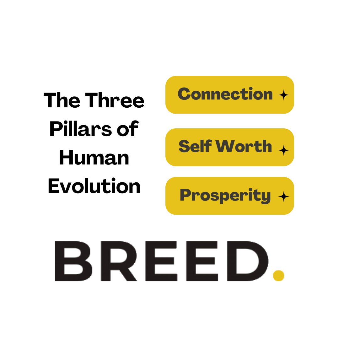 Text reading "The Three Pillars of Human Evolution" complemented by vibrant yellow buttons labeled "Connection," "Self Worth," and "Prosperity," with the intriguing word "BREED" below, captures a profound journey through our collective growth.
