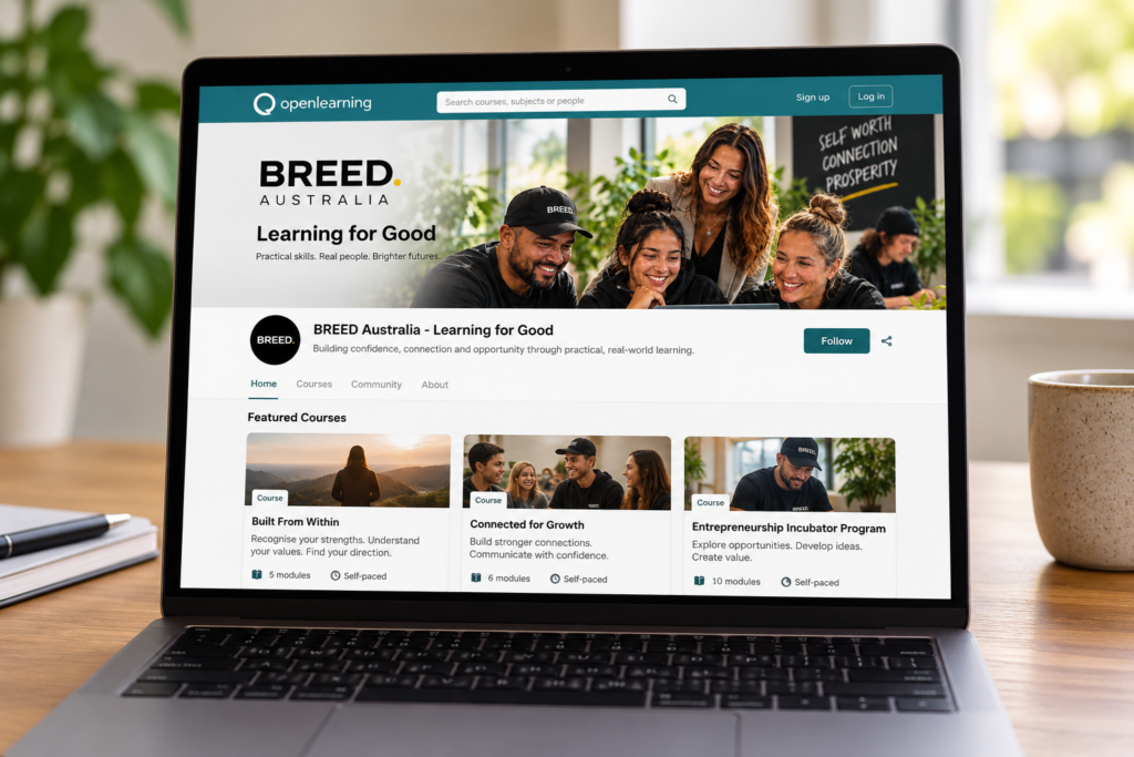 Laptop showing BREED Australia's Learning for Good page on OpenLearning with the Built From Within, Connected for Growth and Entrepreneurship Incubator Program courses
